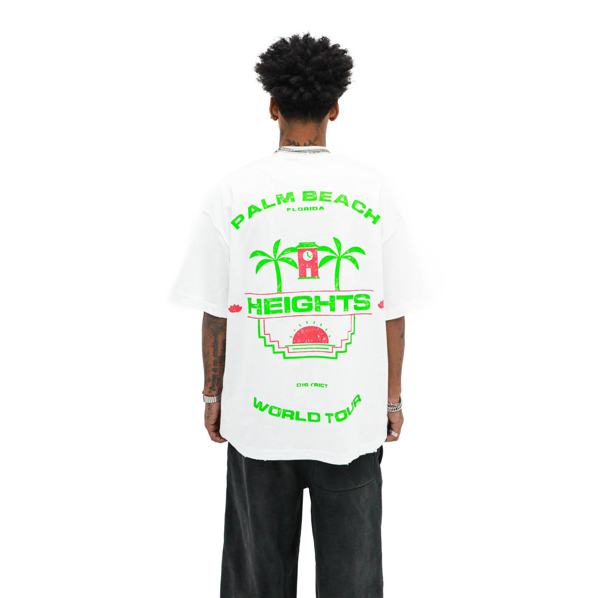Palm Beach tee — back view with palm trees, clock tower, and sun graphic