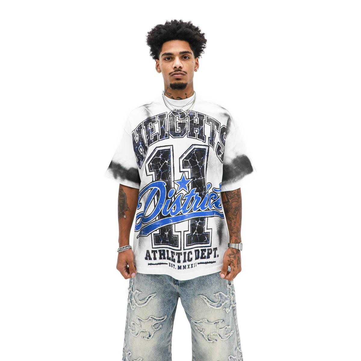 Heights Athletic Dept. Graphic Tee – White/Blue — front view