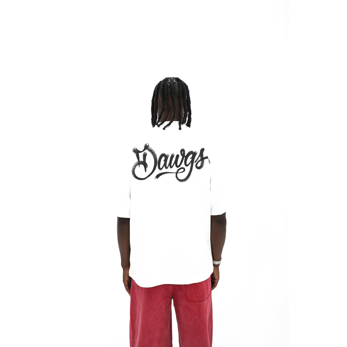 Dawgs tee, back — Dawgs in black airbrushed script across the upper back