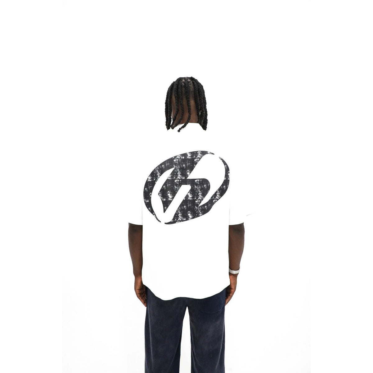 Heights District 11/07 Jersey Tee, back detail — distressed circle H print texture