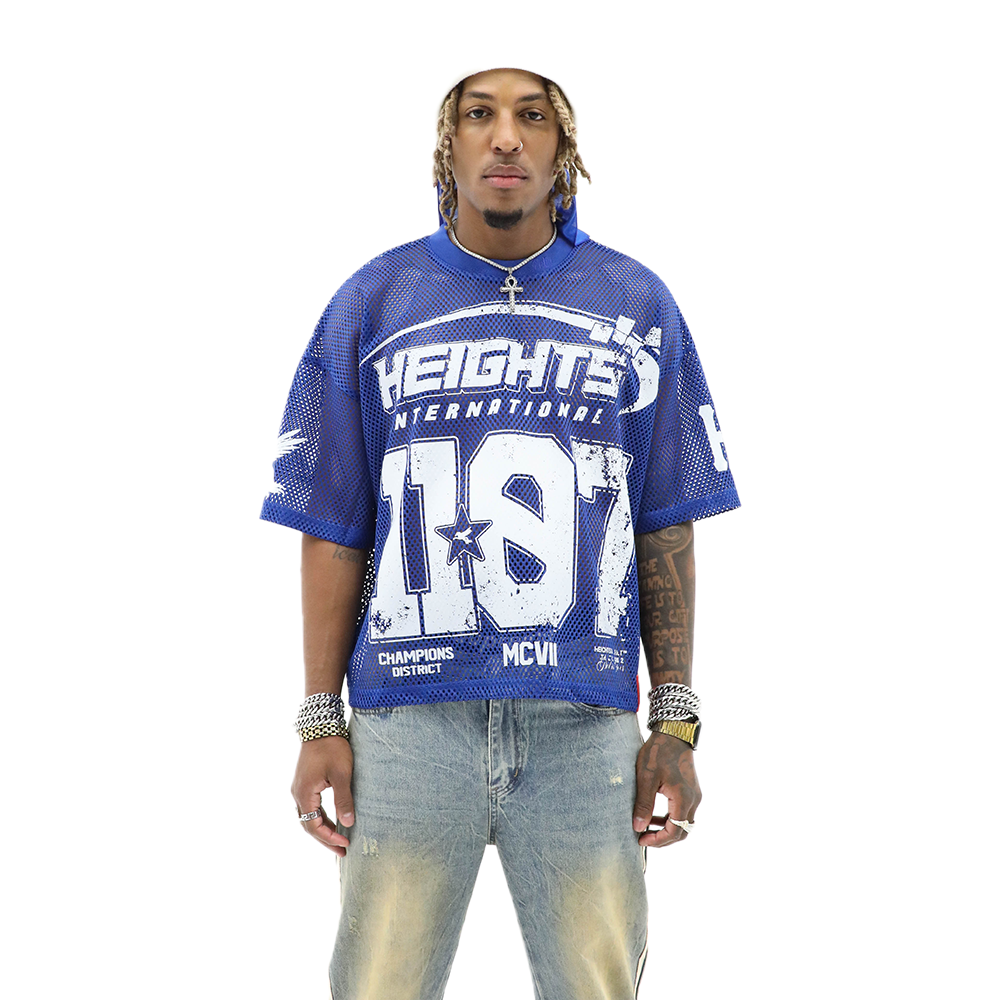 Blue HeightsDistrict Stadium Jersey, a casual sports tops with team branding, displayed on a white background.