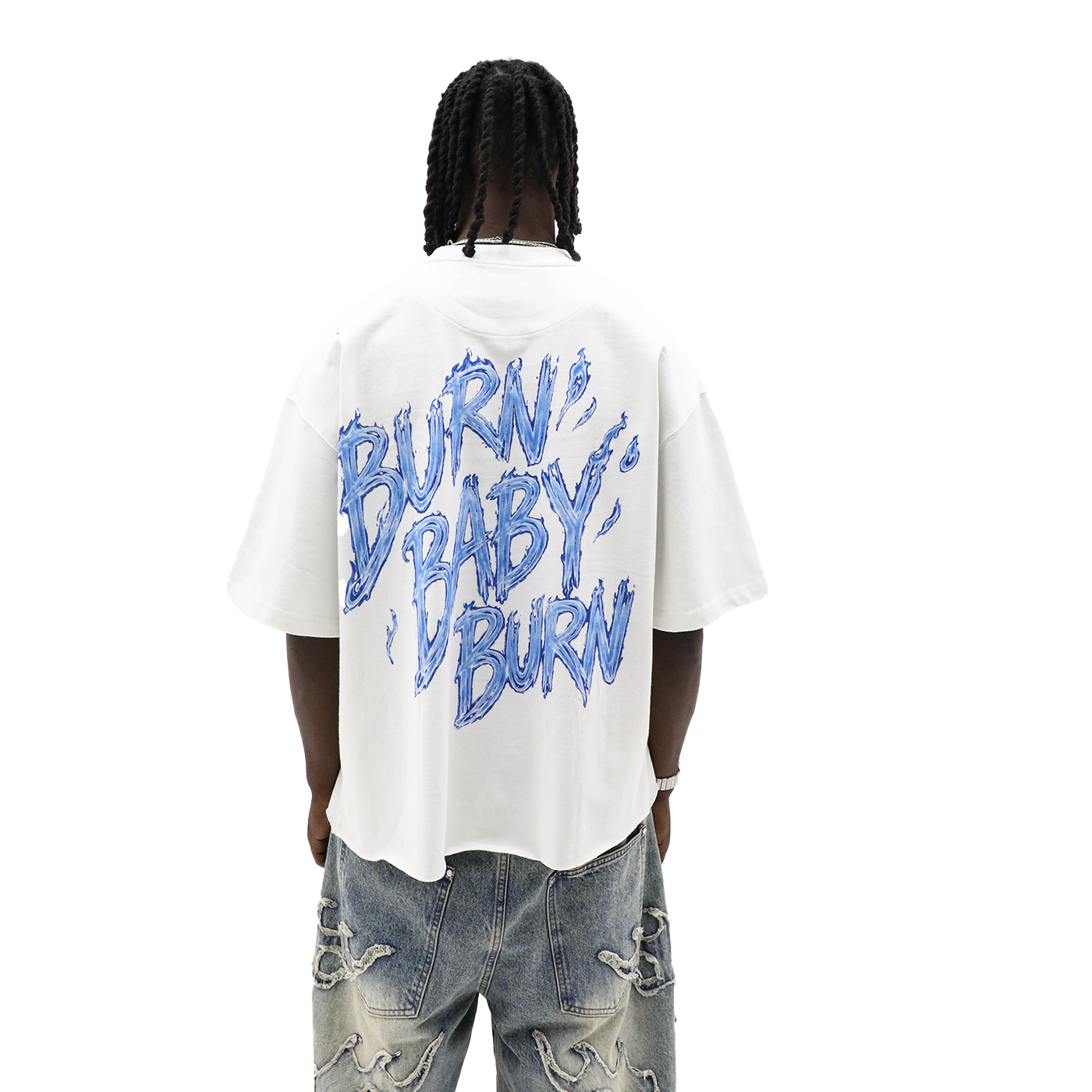 Burn Baby Burn white heavyweight tee - back flame lettering