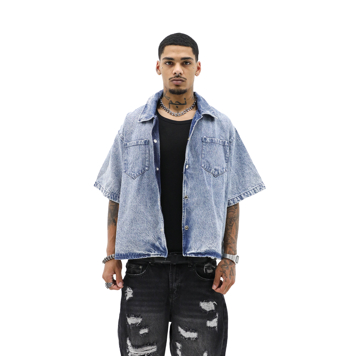 Oversized Stone-Washed Denim Button-Up