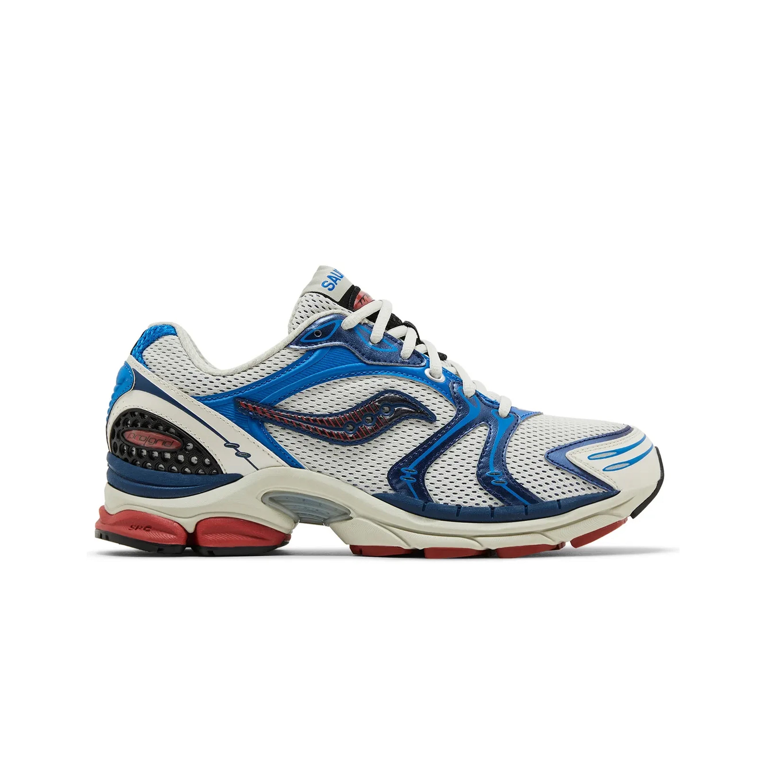 Saucony ProGrid Triumph 4 shoes in blue and rust with a cushioned sole and breathable mesh upper.