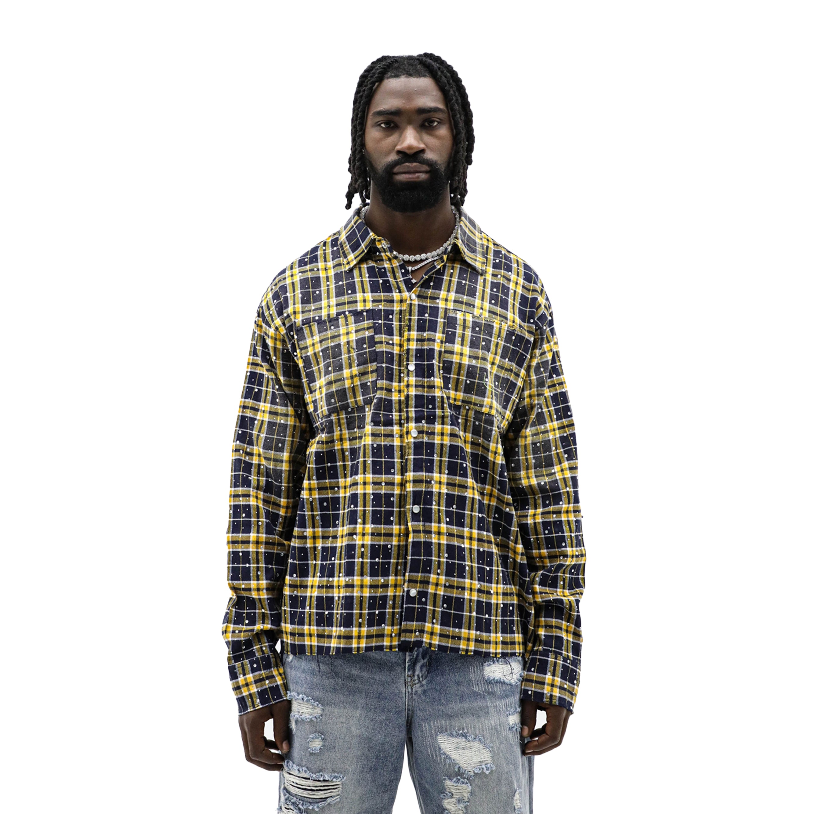 HeightsDistrict Stone Flannel long sleeve top with a relaxed fit, featuring a classic plaid pattern and soft fabric for comfortable wear.