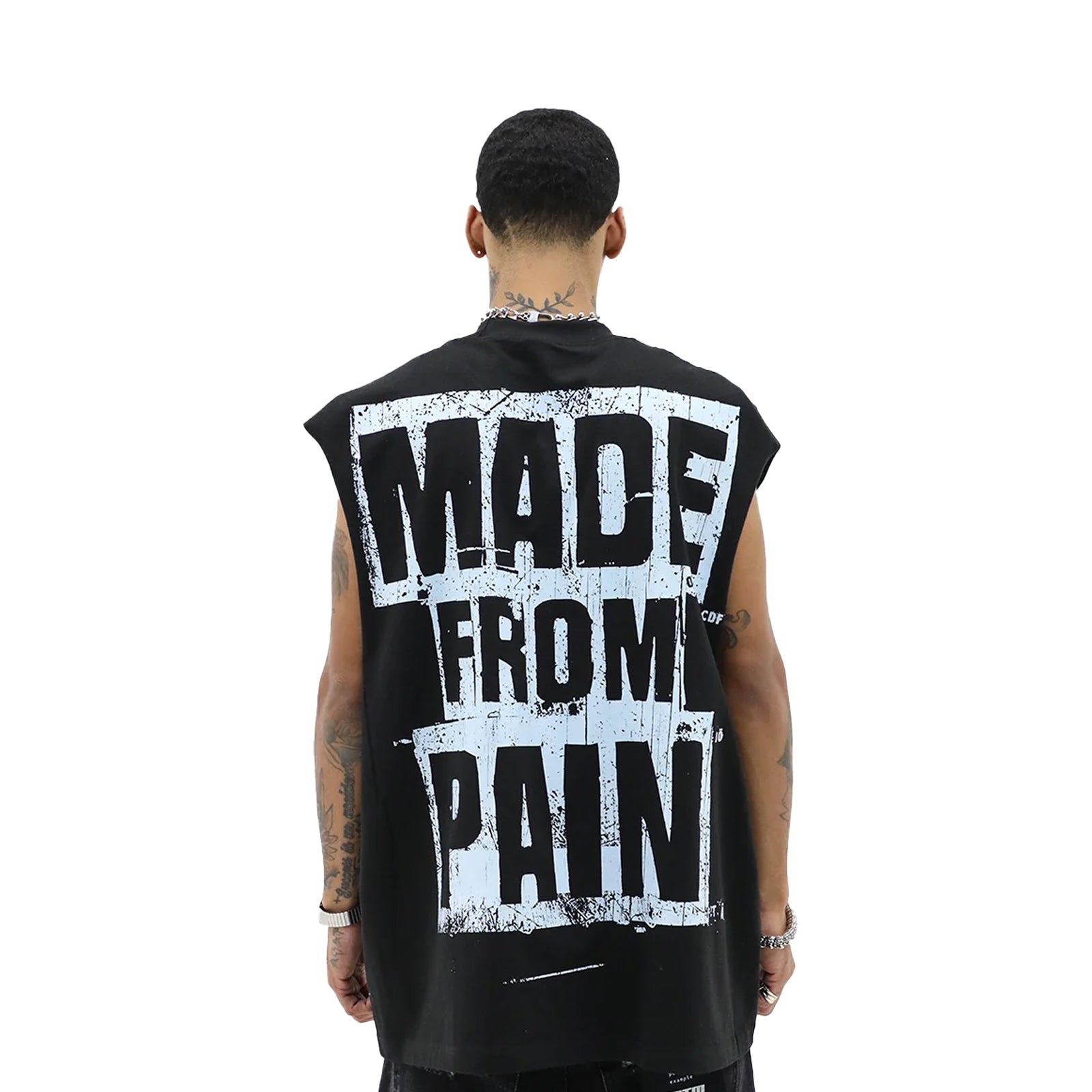 HeightsDistrict Made From Pain t-shirt in black featuring a bold graphic design on the front.
