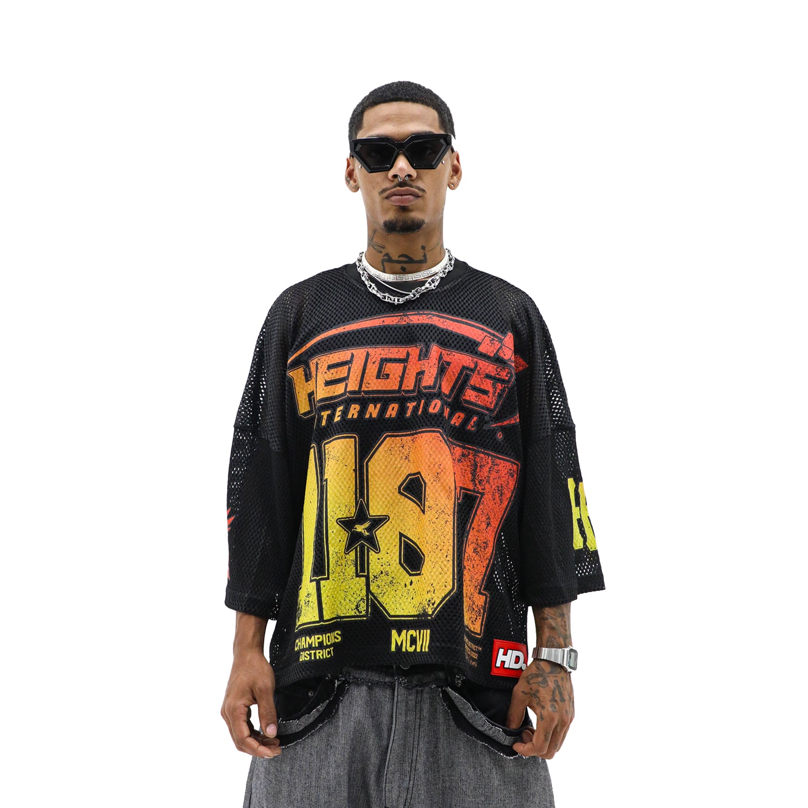 HeightsDistrict Heights Stadium jersey, a sports top in blue and white with team logo, displayed on a hanger.