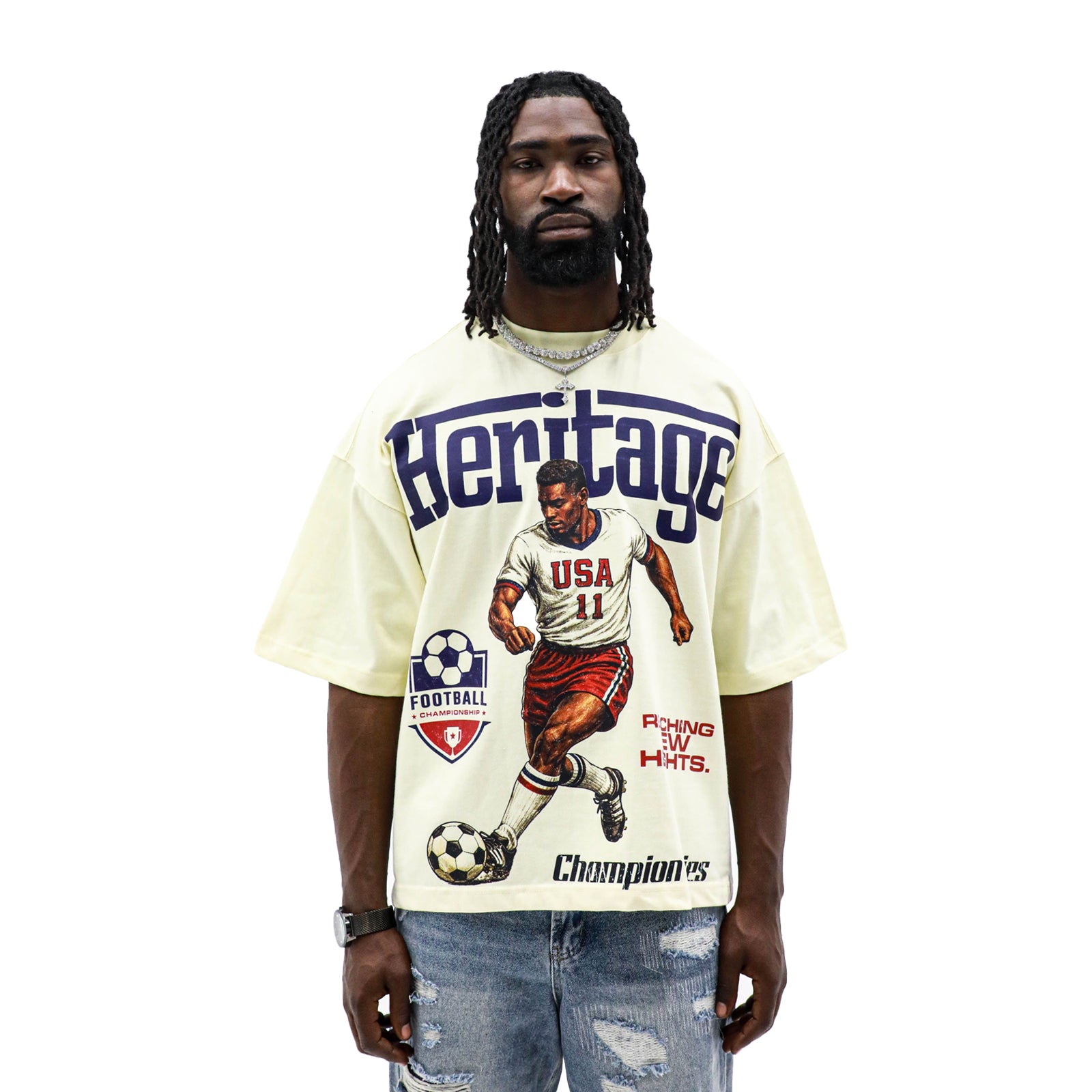 Heritage Futbol by HeightsDistrict showing a vintage-style soccer ball with classic branding and textured leather surface.