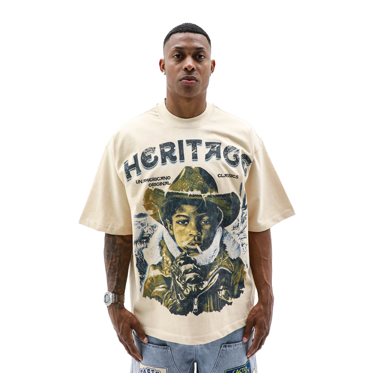 Heritage Cowboy T-shirt by HeightsDistrict featuring a vintage-inspired cowboy graphic on soft cotton fabric.