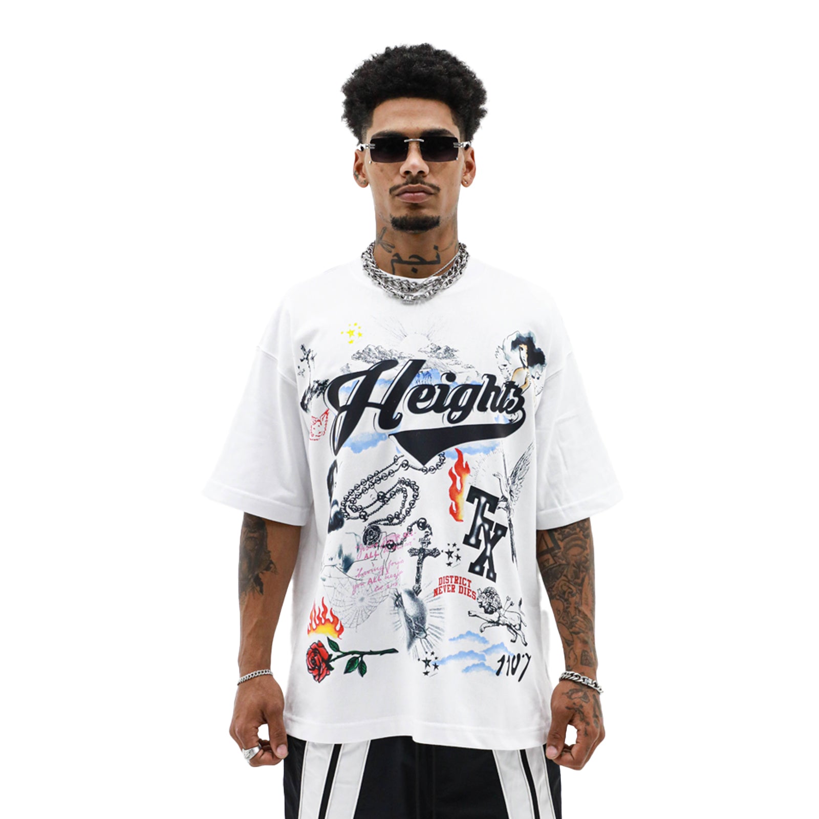 HeightsDistrict "Heights Never Dies" black T-shirt with white graphic text, casual fit, and soft cotton fabric.