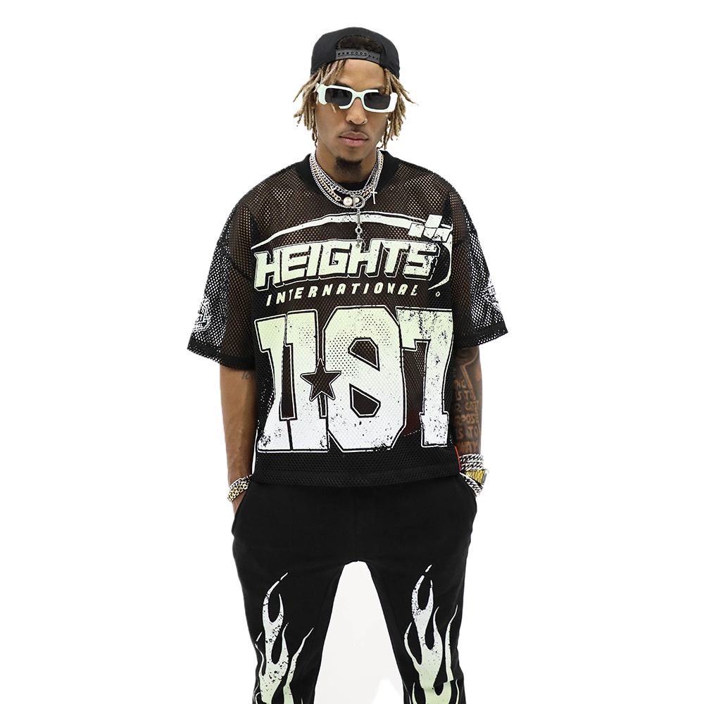 HeightsDistrict Heights Stadium Jersey, mesh sports top in black with team logo and white accents, designed for athletic wear.