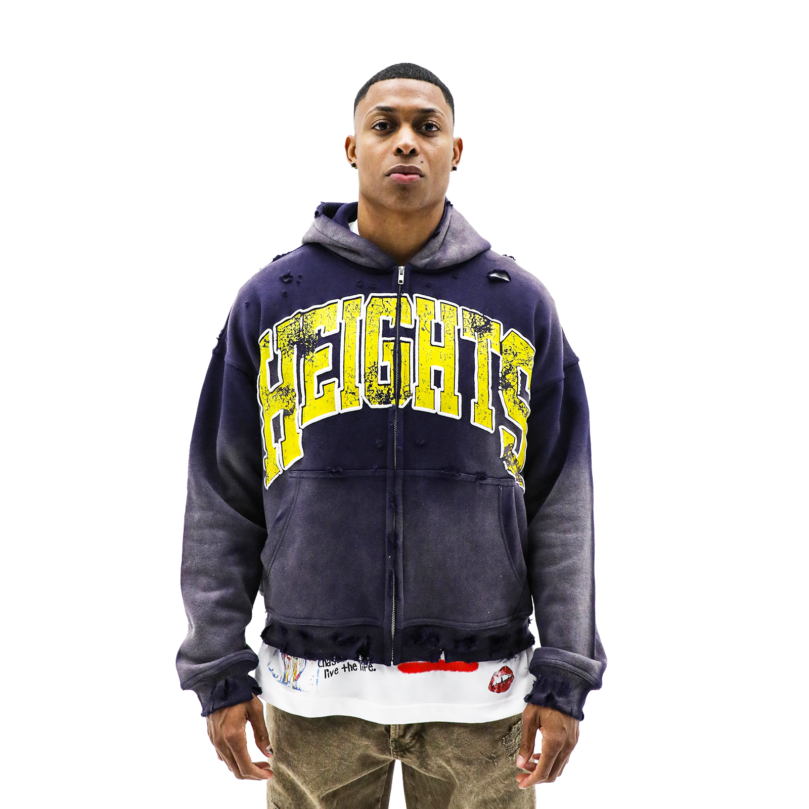 Navy HeightsZip Hoodie by HeightsDistrict featuring a front zipper, hood, and casual fit, displayed on a plain background.