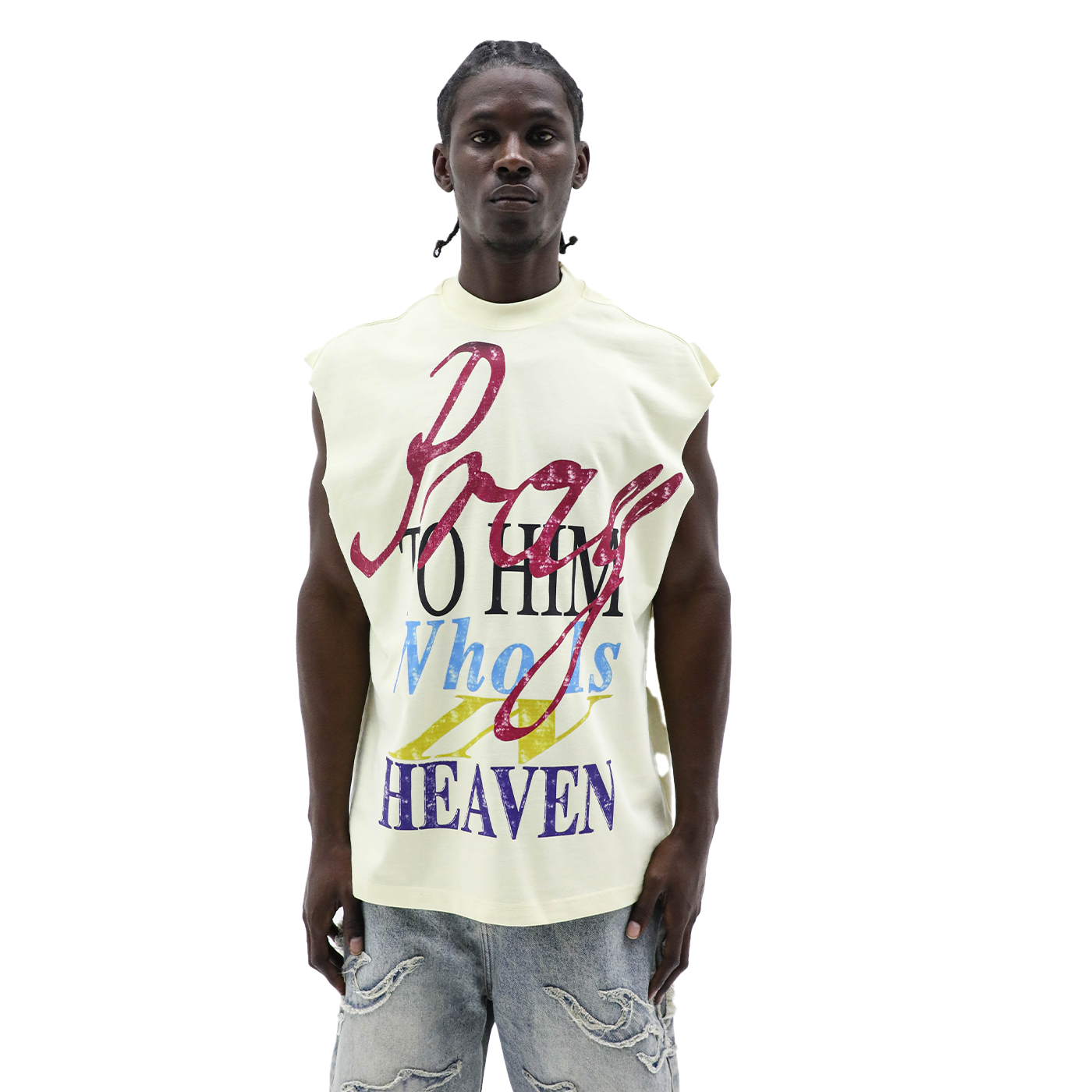 Pray To Him butter sleeveless heavyweight tee - front painted graphic