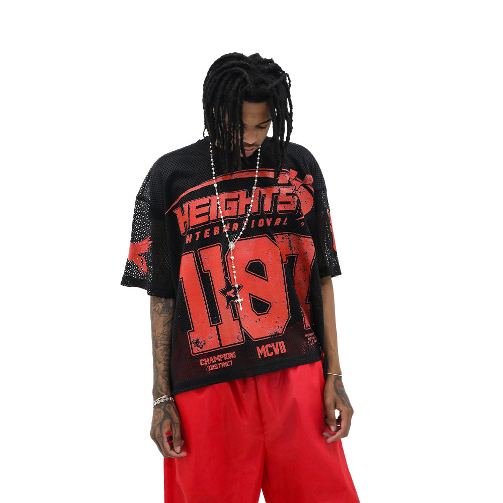 HeightsDistrict red stadium jersey, front view, featuring team logo and athletic fit, designed for sports fans and supporters.