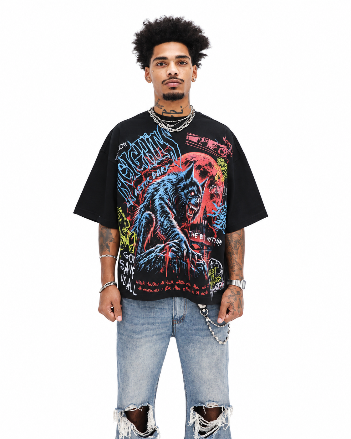 After Dark Wolf Tee - Black worn on model, front view, white background