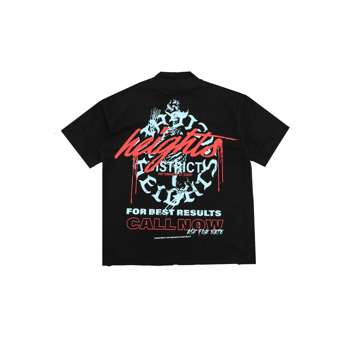 Call Now Tee - Black, back flat with powder blue print, matched New Arrivals scale