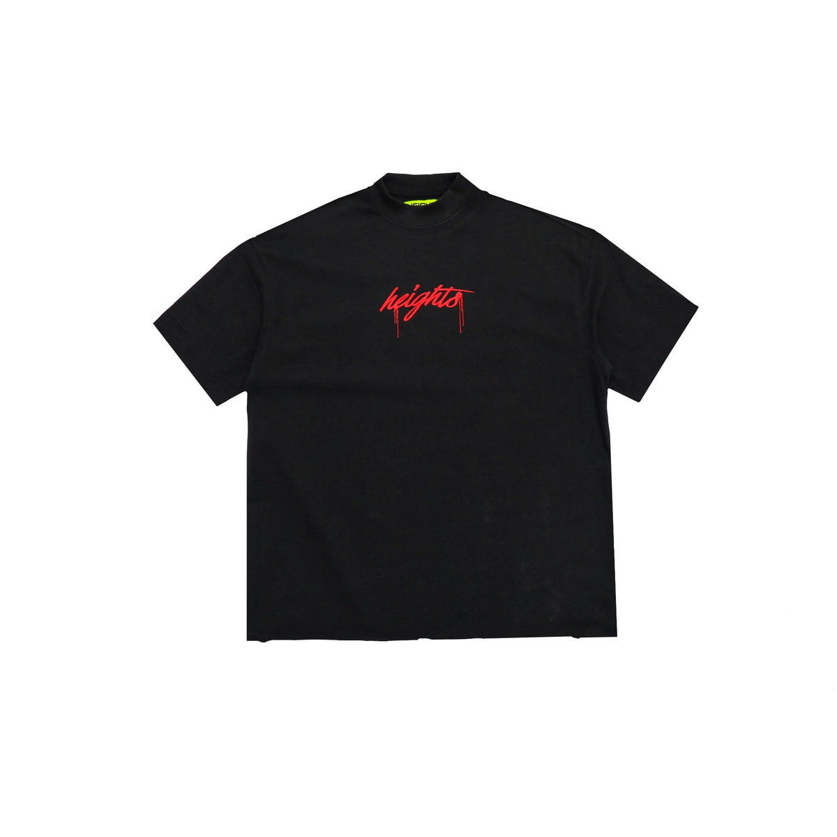 Call Now Tee - Black, front view with bright red Heights logo