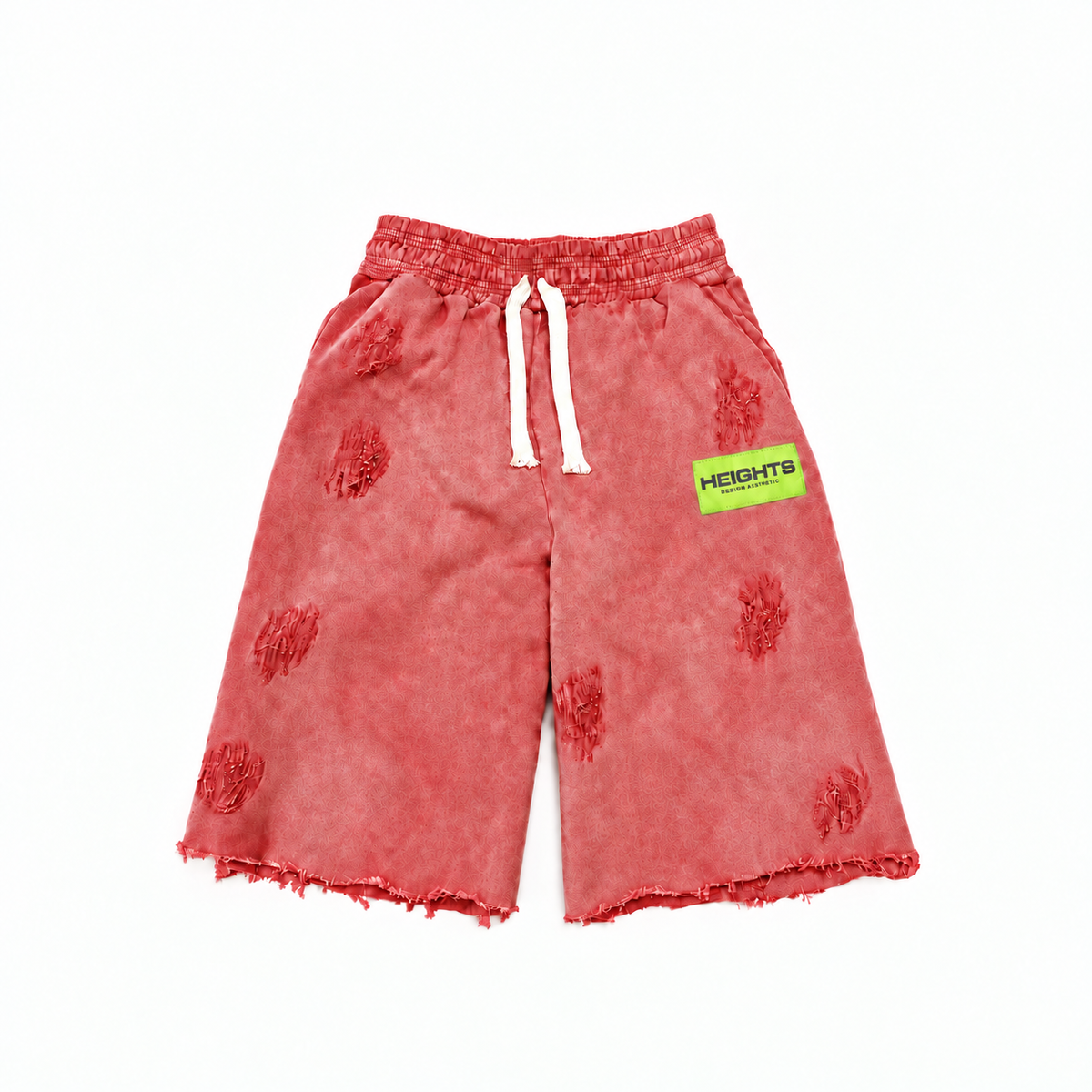 Heights Essential Short flat lay in Vintage Red — neon green woven label, distressed 450 GSM fleece, raw-cut hem