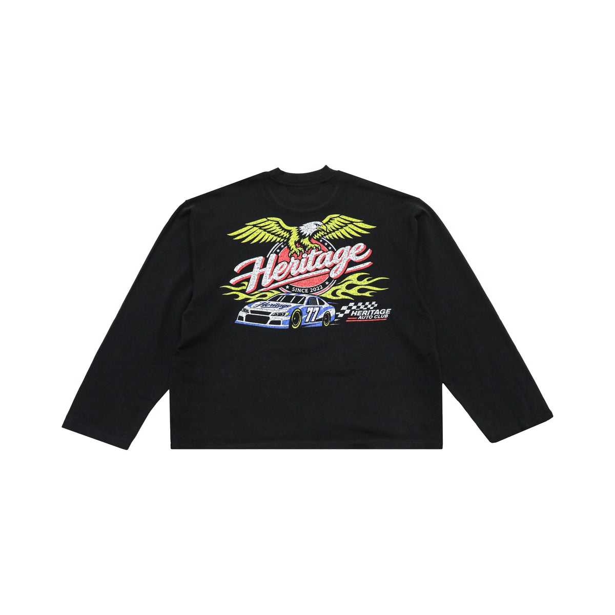 heritage auto club long sleeve black back flat lay on white.