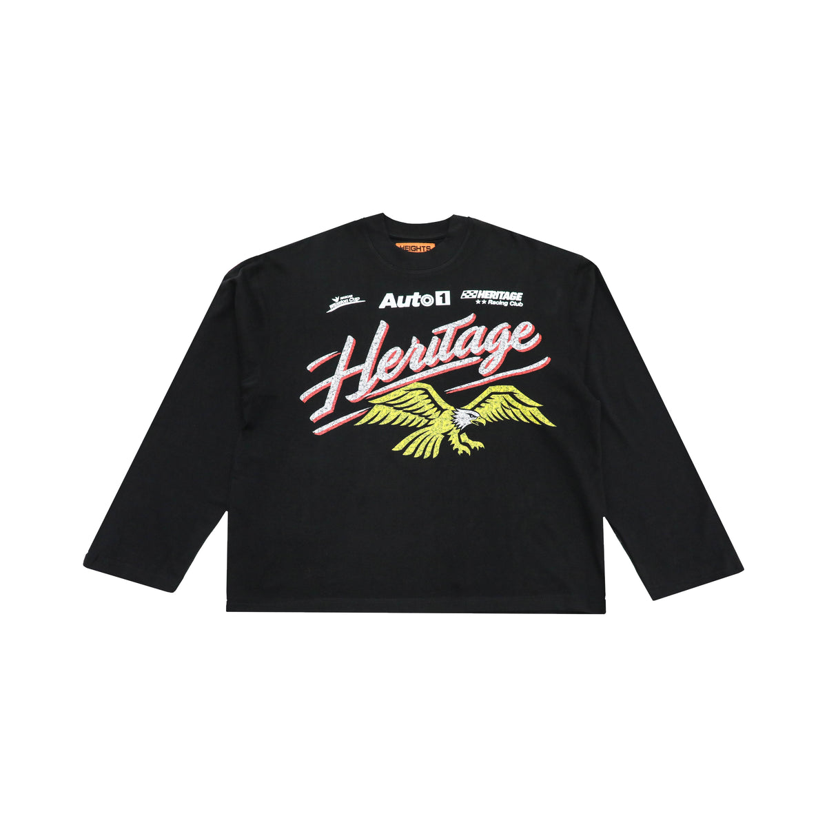 heritage auto club long sleeve black front flat lay on white.