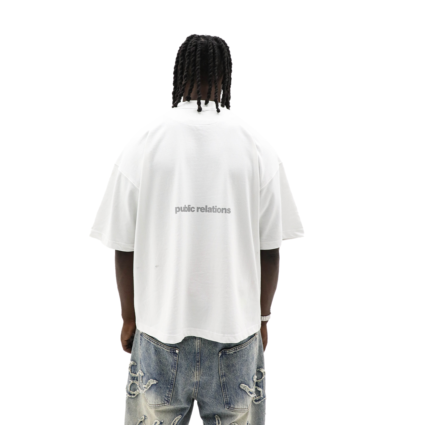 Public Relations white heavyweight tee - back wordmark