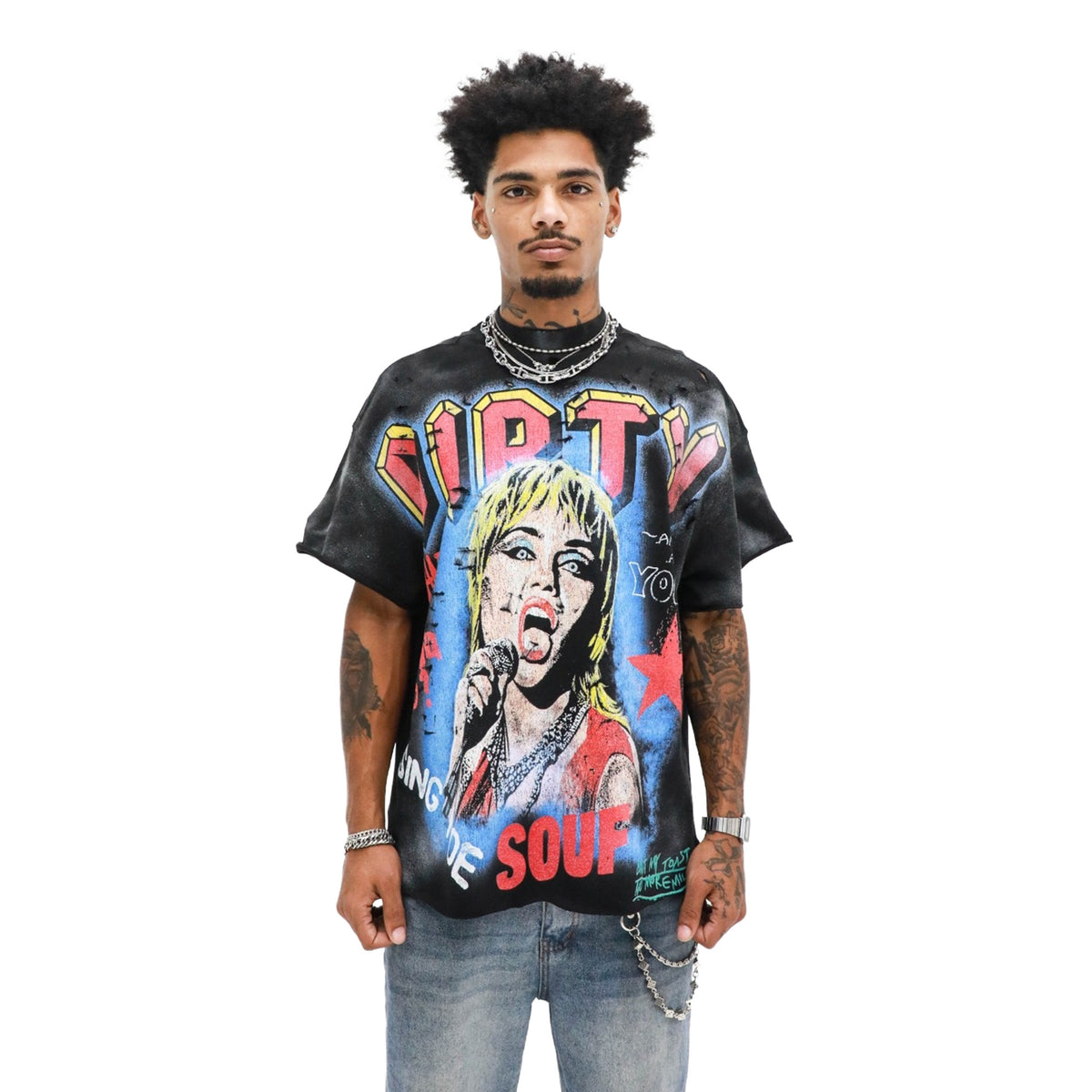 Singer Tee - Black worn on model, front view, on a white background