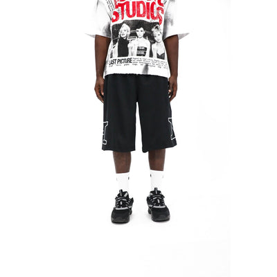 Heights Outline Logo Shorts, styled — black shorts with white outline H on the leg