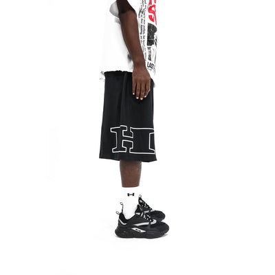 Heights Outline Logo Shorts, side — oversized white outline H linework