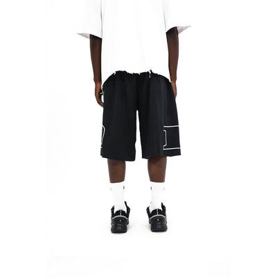 Heights Outline Logo Shorts, back — black base with elastic waist