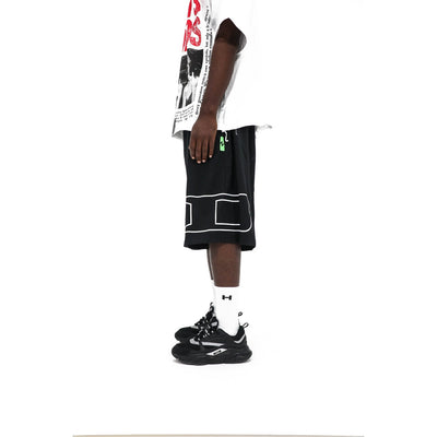 Heights Outline Logo Shorts, detail — green logo tab at the side seam