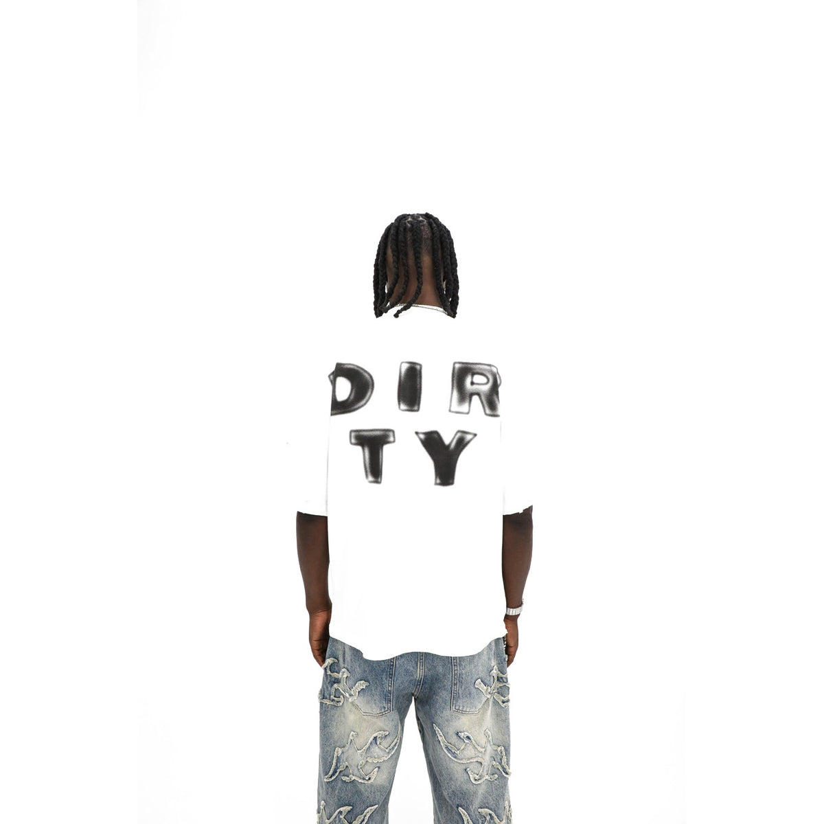No Free Ride tee, back — DIRTY in oversized airbrushed black lettering