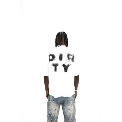 No Free Ride tee, back — DIRTY in oversized airbrushed black lettering