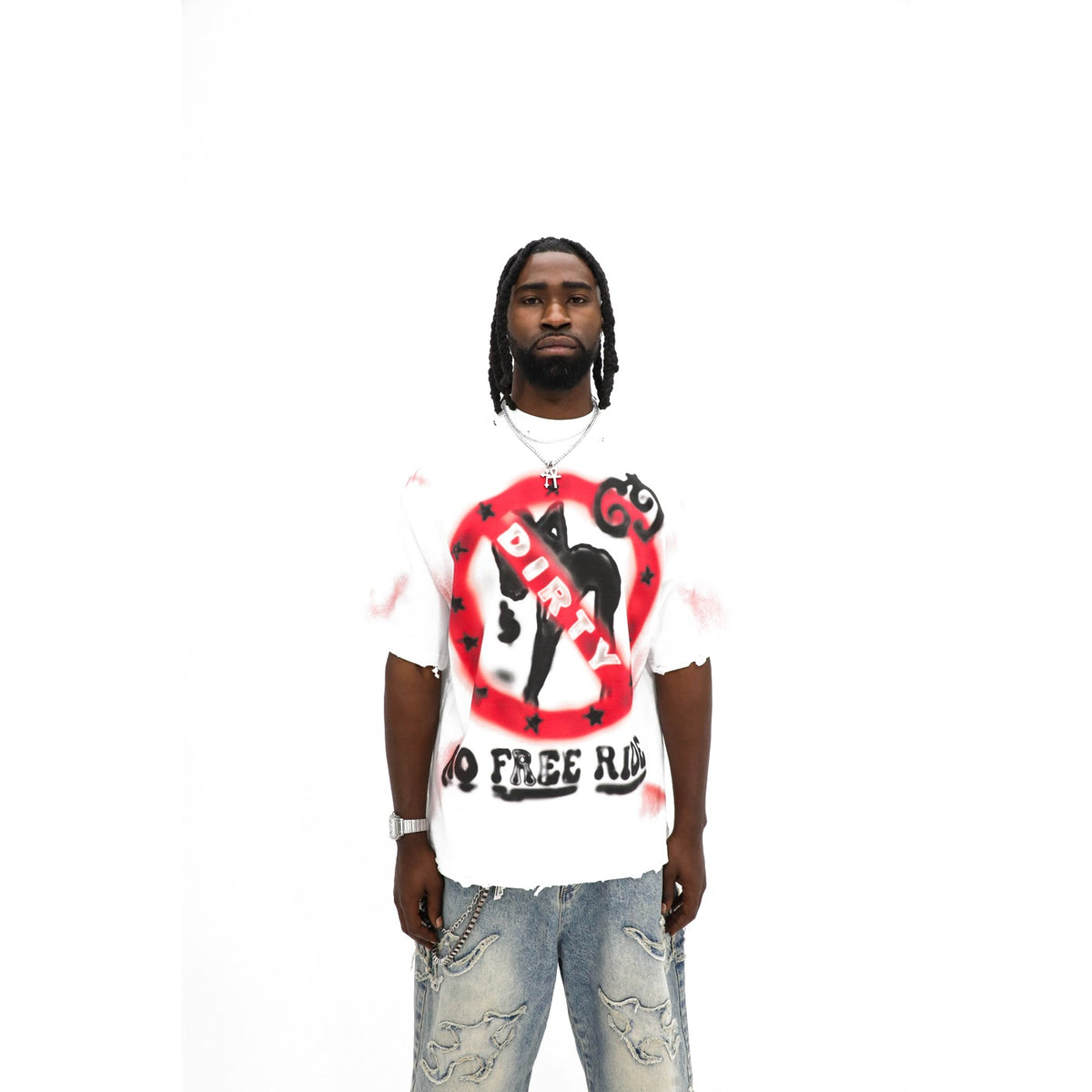 No Free Ride tee, front — airbrushed red circle-and-slash with DIRTY sprayed across the bar on white