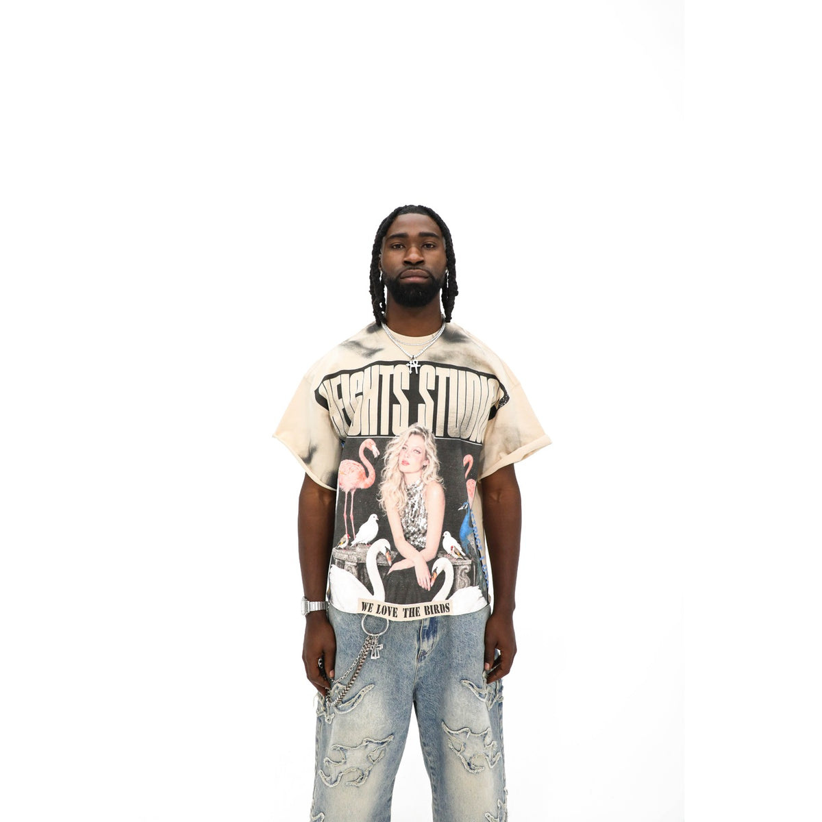 Heights Studios We Love The Birds tee, front — editorial bird photo print with distressed HEIGHTS STUDIOS type on sand