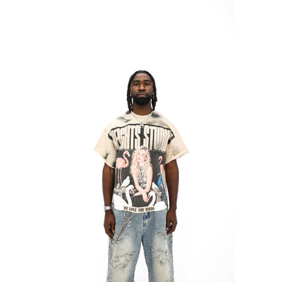 Heights Studios We Love The Birds tee, front — editorial bird photo print with distressed HEIGHTS STUDIOS type on sand