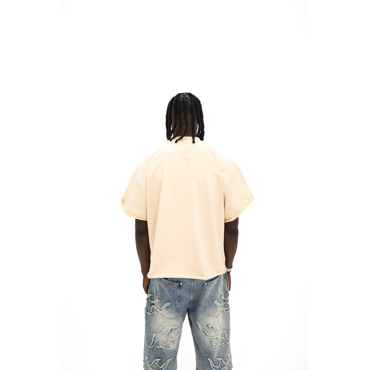Heights Studios We Love The Birds tee, back — clean sand body with cut sleeves and raw hem