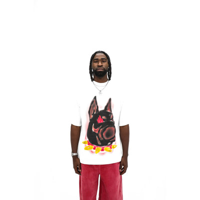 Dawgs tee, front — airbrushed black shepherd portrait with red eyes and a gold spiked collar on white