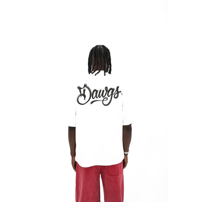 Dawgs tee, back — Dawgs in black airbrushed script across the upper back