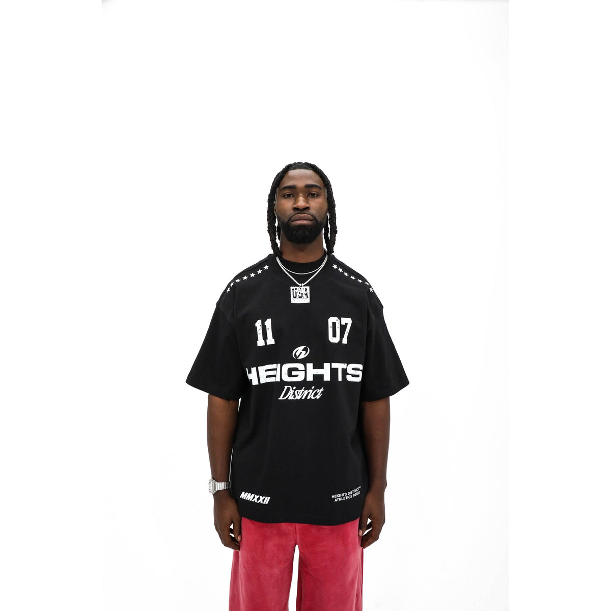 Heights District 11/07 Jersey Tee, front — 11 and 07 flanking the circle H on black