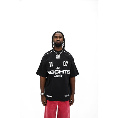 Heights District 11/07 Jersey Tee, front — 11 and 07 flanking the circle H on black