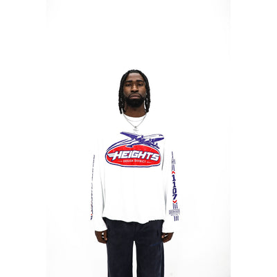 Heights Private Charter long sleeve, front — navy jet over a red HEIGHTS shield on white