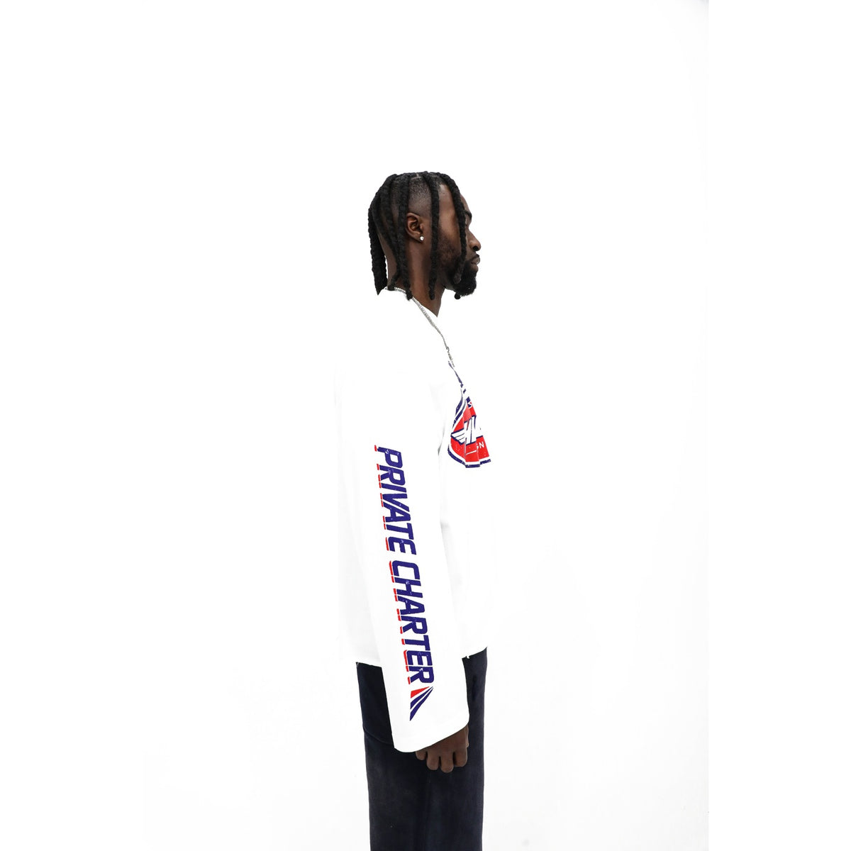 Heights Private Charter long sleeve, sleeve print — Flight 1107 in navy and red