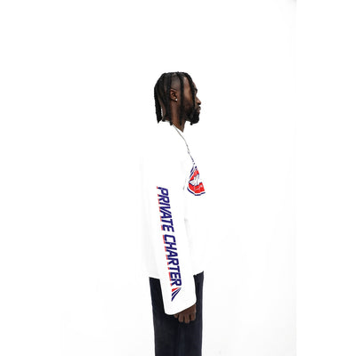 Heights Private Charter long sleeve, sleeve print — Flight 1107 in navy and red
