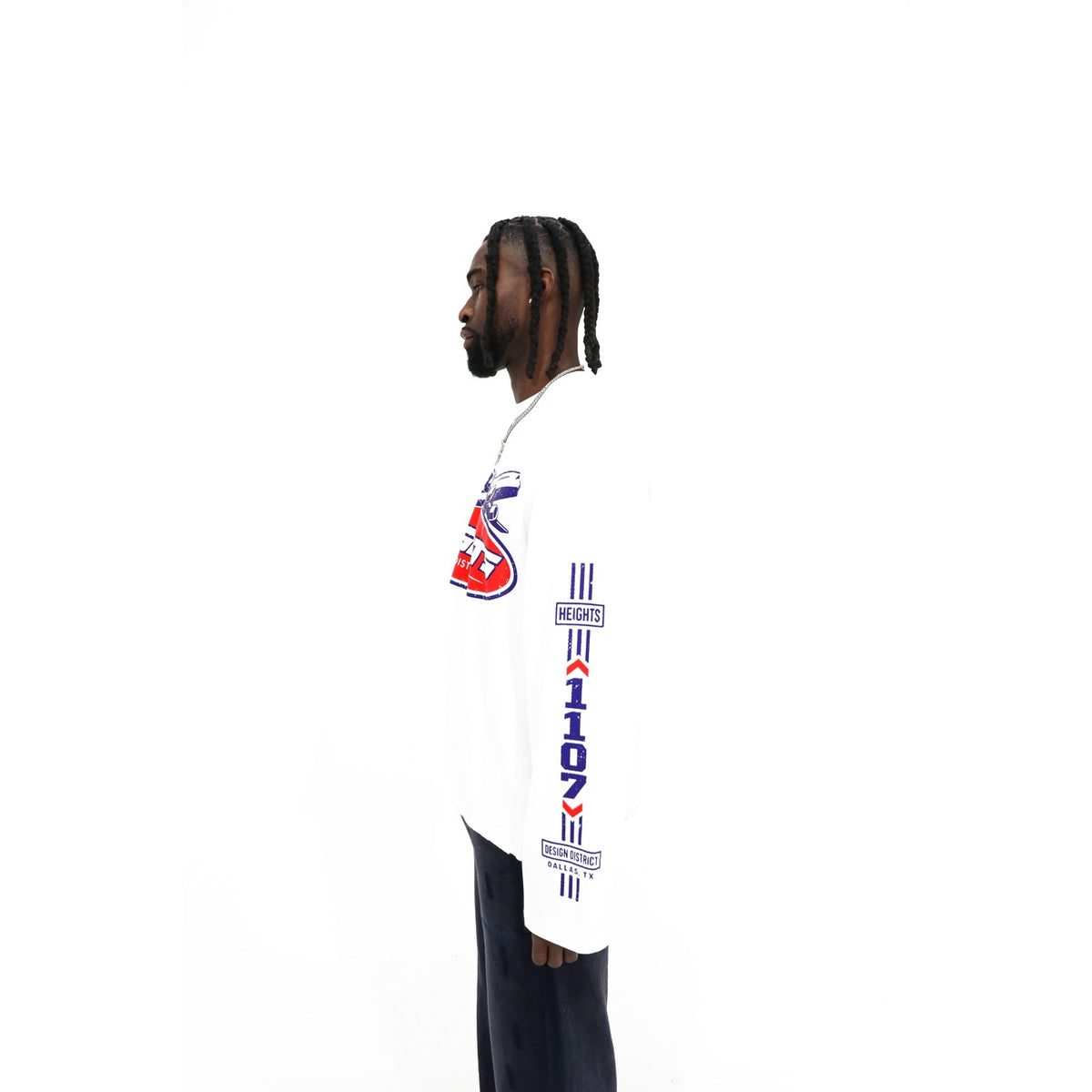 Heights Private Charter long sleeve, sleeve detail — DALLAS, TX cuff stamp