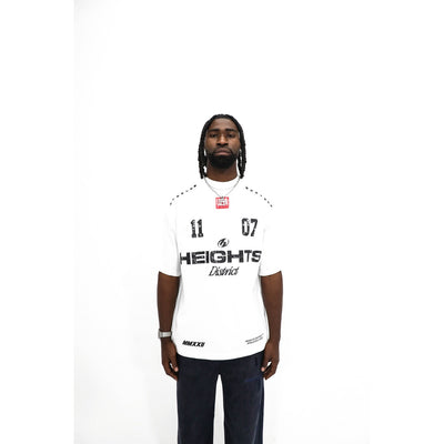Heights District 11/07 Jersey Tee, front detail — HEIGHTS athletic italic and District script