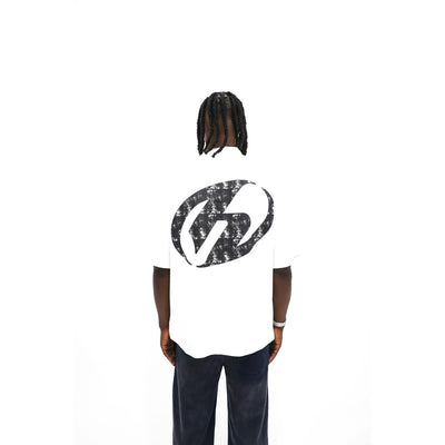 Heights District 11/07 Jersey Tee, back detail — distressed circle H print texture