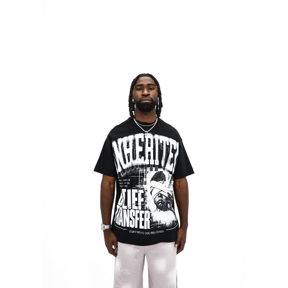 Inherited Life Transfer tee, front — arched INHERITED lettering over a halftone portrait on black