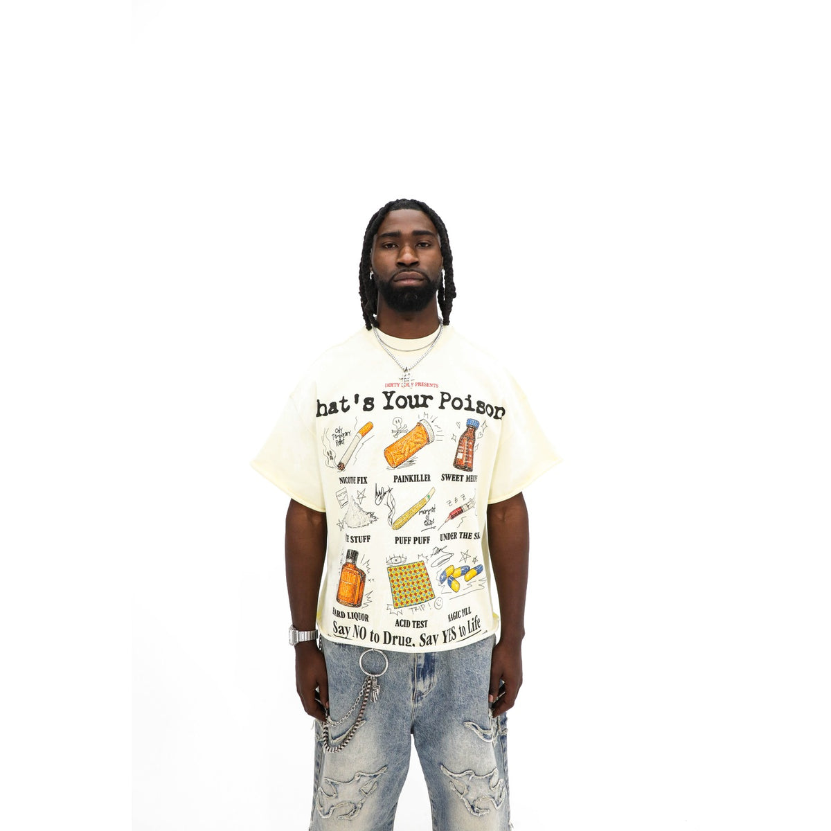What's Your Poison tee, front detail — typewriter headline and illustrated labels
