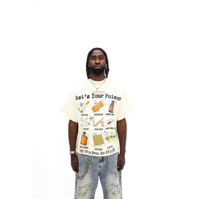 What's Your Poison tee, front detail — typewriter headline and illustrated labels
