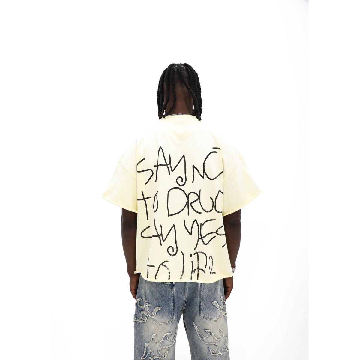What's Your Poison tee, back detail — handwritten lettering and raw cut hem